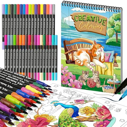 Kalysky Malbuch für Erwachsene und Marker Set, Ausmalbuch für Erwachsene | A4 Spiral Malbuch, 30 Mustern mit 36 Farben Marker, Entspannung Stressabbau, Kunsttherapie, Achtsamkeits Geschenk für Frauen