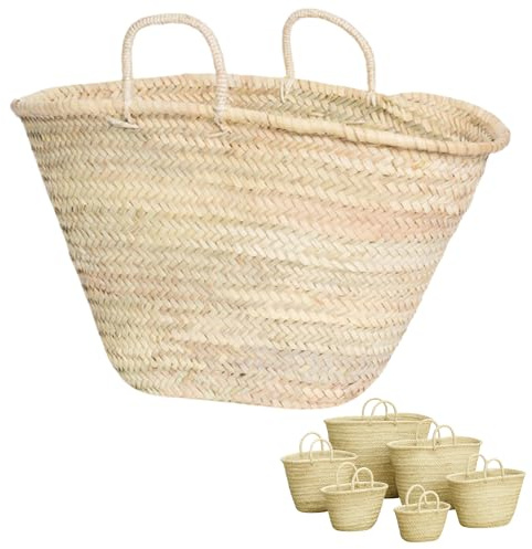 Cesto de Palma Natural Tejido a Mano, Bolso de Playa con Asas, Estilo Capazo Tradicional (C: 20 x 38 x 13)