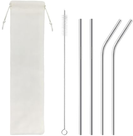 Ainkou 4 PCS Reusable Stainless Steel Straws Drinking Straws with 1 Cleaning Brushe and Carry Pouch for Smoothie, Juice, Cocktail, Hot Drinks (2 Straight + 2 Bent)