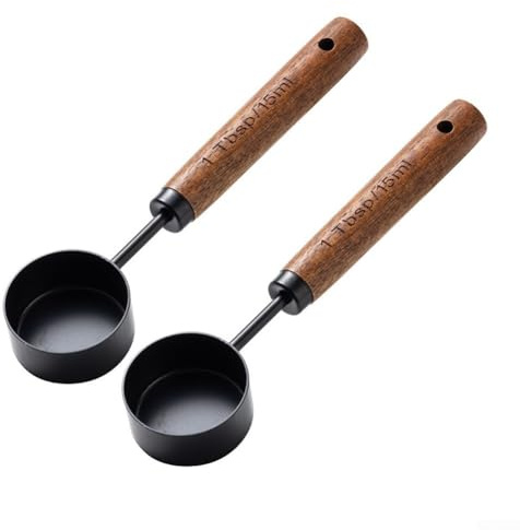 Lot de 2 cuillères à café avec long manche en bois en acier inoxydable pour mesurer les grains de café, la farine, le sucre et les épices (doré)
