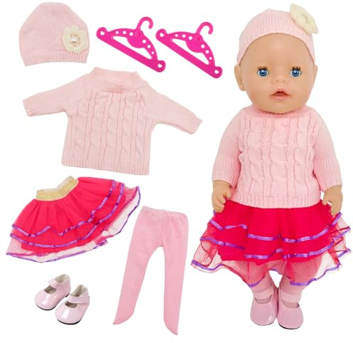 WanderGo Baby Puppen Puppenkleidung 35-43 cm, 7-teiliges Outfit mit Strickoberteil + Rock + Strumpfhose + Hut + Schuhe + 2 Kleiderbügel Babypuppe Kleidung für 14-18 Zoll Puppen(Ohne Puppe)