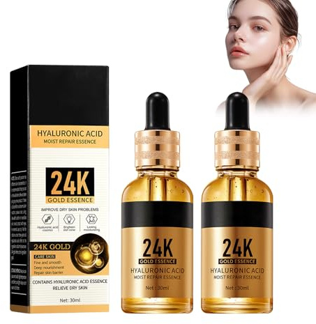 Sérum de ácido hialurónico dorado 24 K, 2 x 30 ml, hidratante y reparador, hidratante intenso, ilumina la piel, fortalece la barrera de la piel, para una piel brillante y suave