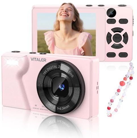 Cámara Digital 64MP 4K Cámara de Fotos Compacta con Doble Lente,Pantalla LCD 2,8 Pulgadas,Batería de 2000 mAh,Carcasa de Aleación de Zinc y Zoom Digital 18X para Niños y Adultos(Rosa,SIN Tarjeta SD)