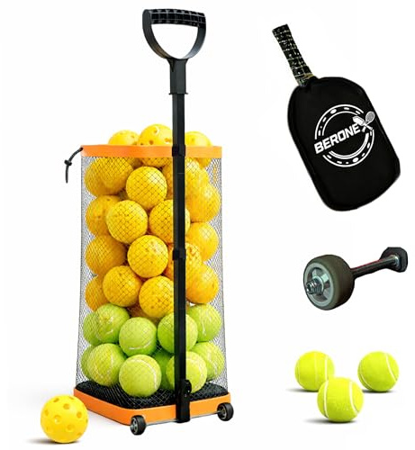Rolling Tennis Ball Hopper & Picker Basket with Wheels, Holds 50+ Tennis Balls or 40+ Pickleballs, Lightweight Retriever Collector, Durable Easy Pick Up Ball Collector with Paddle Bag, Upgraded O