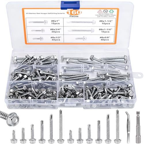 FALSKT 160PCS Vis Autoforeuse Metal M4.2 Inox 410 + 1 Douilles Hexagonales | Vis Autoforeuse Inox 410 pour Metal, Bac Acier Toiture avec 1 Douilles Hexagonales Incluses 13/16/19/25/32/38 mm