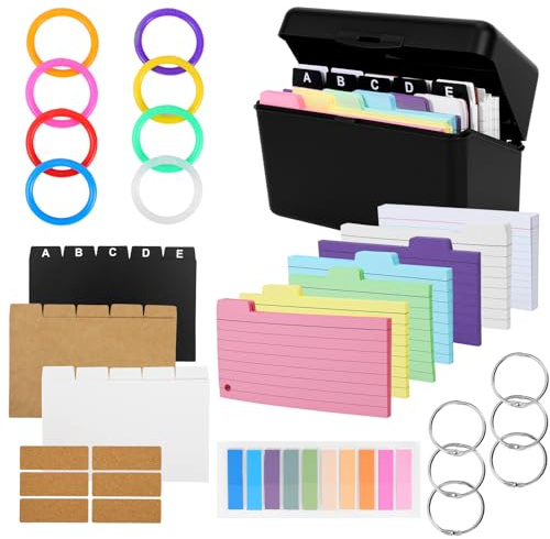 Set di 316 Carte Studio e 15 Schede Indice con Scatola, 6 Anelli Metallici, Appunti Vocabolario Formule Liste della Spesa a Casa Ufficio Scuola Viaggio, Regalo per Compleanni