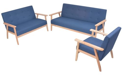 Fangmaliuyun 3-TLG Sofa Set Blau Stoff Skandinavisches Design 158 cm Breit Massivholzgestell Bequeme Couch Garnitur mit Sessel Zweisitzer Dreisitzer für Wohnzimmer Jugendzimmer Büro