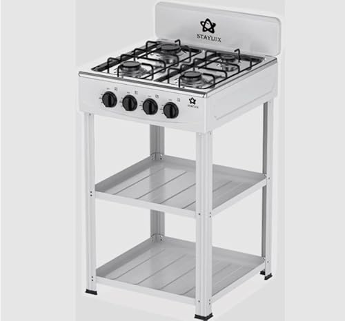 Fornello a Gas 4 Fuochi Cucinotto Con Supporto 2 Ripiani Piano in Acciaio Colore Bianco Cucina Da Campeggio Larghezza 49 x Profondità 49 x Altezza 82,3 cm White