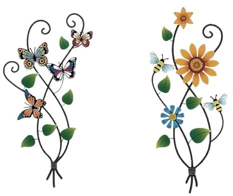 GASGYAI 2 Pcs Metal Sunflower Wall Decorations,Butterfly Garden Ornaments,Metal Flowers Wall Hanging Ornament for Porch,Patio,Kitchen,Living Room,Farmhouse,Balcony,Garden Wall Art Outdoor Indoors