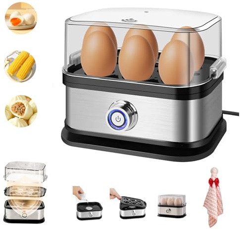 Cuecehuevos Eléctrico Multifuncional con Tapa Transparente, Hervidor de Huevos Inteligente con Apagado Automático para Huevos Pasados por Agua, Mollets o Duros, Ideal para Brunch (EU 220V)