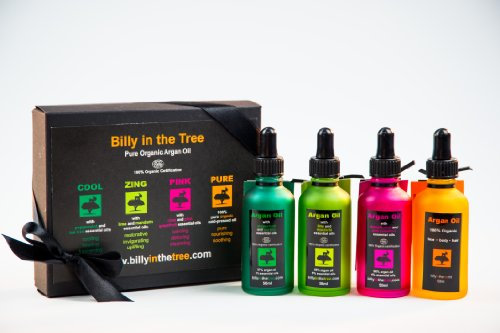 Argan Oil Gift Set No.1 4x50ml. (Cool, Zing, Pink & Pure) 100% Organic- 1x50ml Pure Organic Argan Oil. 1x50ml Pure Organic Argan Oil with Damask Rose and Grapefruit Essential Oils 1x50ml Pure Organic Argan Oil with Lime and Mandarin Essential Oils. 1x50ml Pure Organic Argan Oil with Peppermint and Tea Tree Essential Oils.