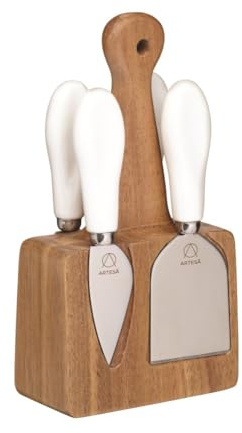 Artesà 5 Piece Stainless Steel Cheese Knives and Block, Cheese Knife Set with Acacia Wood Magnetic Block and Porcelain Handles, in Gift Box, for Cheeseboard Serving, Brown, 10x5x19 cm