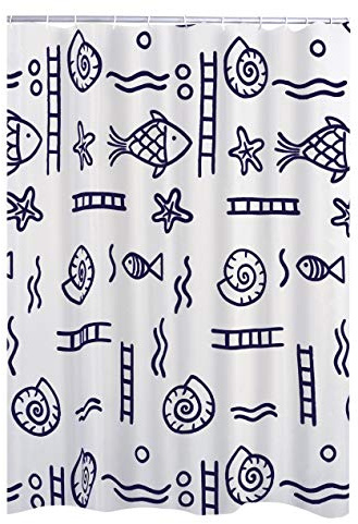 RIDDER Duschvorhang Textil ca. 120x200 cm Neptun, blau, inkl. Ringe | Waschbar | Fische | ÖkoTex