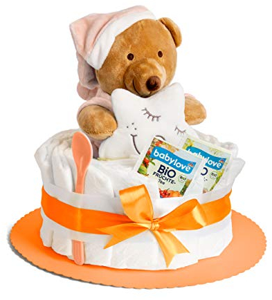 Windeltorte Boho mit Kuscheltier für Mädchen oder Jungen, Geschenke zur Geburt für die Mutter, Taufe oder Baby-Party - Geschenkidee mit neugeborene Windeln - Inklusive Glückwunschkarte