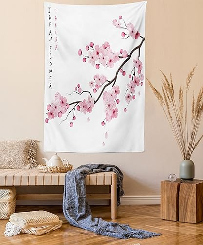ABAKUHAUS Asiatisch Wandteppich, Japanischer Kirschzweig aus Weiches Mikrofaser Stoff Waschbar ohne Verblassen Digitaldruck, 150 x 110 cm, Rosa Weiß