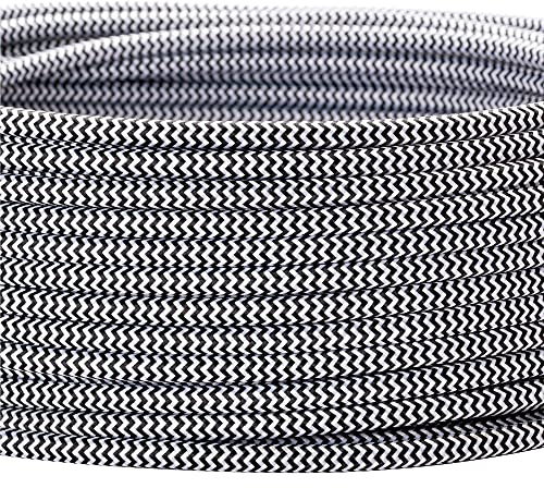 Textilkabel für Lampen, 5 m Schwarz-Weiß, 3-adrig, (3x 0,75 mm²) - Kunststoff Stromkabel mit Erdleiter, Textil ummantelt