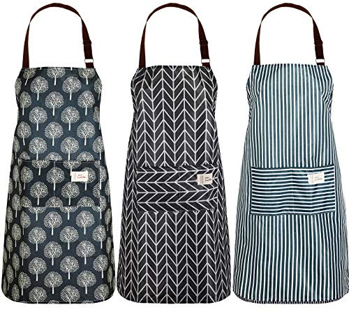 SATINIOR 3 Pieces Waterproof Bib Apron with 2 Pockets Adjustable Cooking Kitchen Apron for Women Men Chef BBQ Baking Cleaning(Black,Blue,Grey)