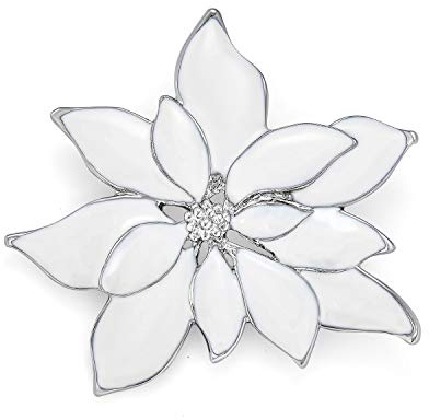 Broche De Fête De Vacances À Fleurs Avec Une Grande Déclaration, Épinglette De Foulard De Noël En Poinsettia Pour Femmes - Émail Blanc, Bordure Plaquée Argent