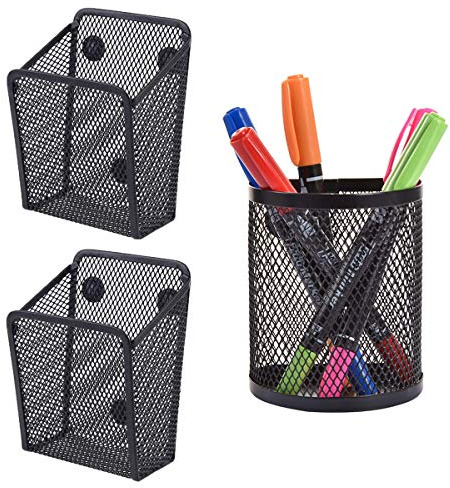RoadLoo Metall Magnetisch Stifthalter, 3 Stück Magnetischer Aufbewahrungskorb Schwarzem Netz Aufbewahrungskorb für Stifte und andere Utensilien Kühlschrank Schließfachzubehör Organizer Bürobedarf