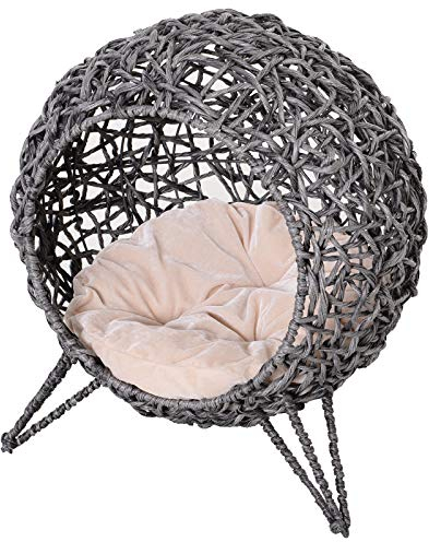 PawHut Katzenhaus aus Rattan mit Kissen Katzenschlafplatz Katzenhöhle mit erhöhten Füßen Silbergrau Ø52 x 58 cm