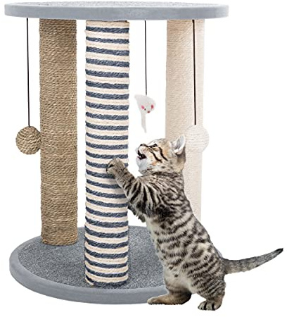 Cat Scratching Post - 3 Scratcher Posts with Carpeted Scratch Pad Base and Perch - Furniture Scratching Deterrent for Indoor Cats by PETMAKER (Gray)