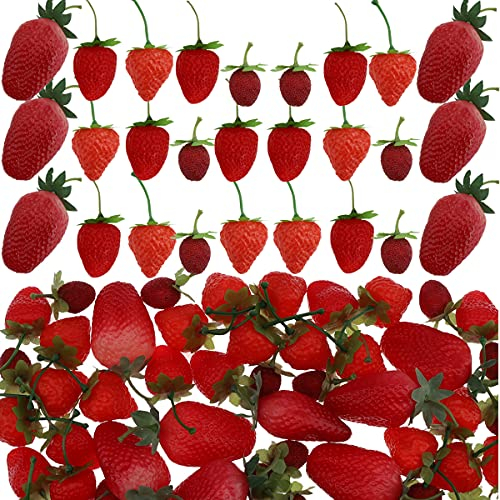 Meiwlong 30 PCS Künstliche Erdbeere Rot Realistisch Erdbeeren Gefälscht Lebensecht Früchte Ornament Faux Erdbeere Requisiten Dekoration Haushalt Party Küche Urlaub