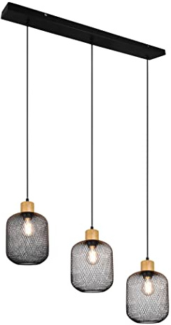 Reality Leuchten Pendelleuchte Calimero R30563032, Metall Schwarz matt, Holz, exklusiv 3x E27