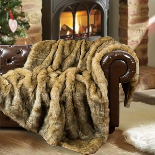 BATTILO HOME Faux Fur Throw Blanket Large Ochre 150x200cm Luxury Fuzzy Warm Cozy Fluffy Fur Blanket for Bed, Sofa, Couch Home Decor