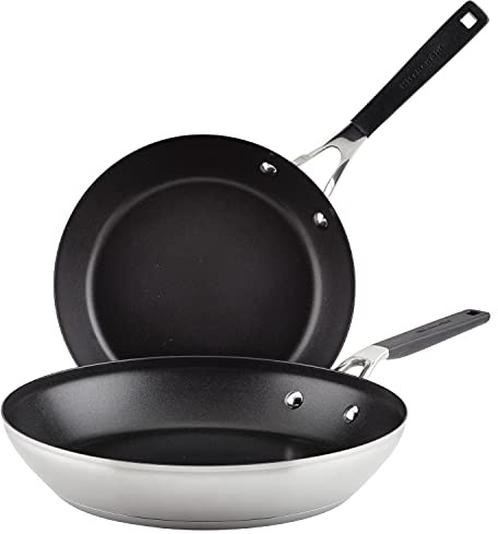 KitchenAid Stainless Steel Nonstick Frying Pans/Skillet Set, 9.5 Inch and 12 Inch - Brushed Stainless Steel