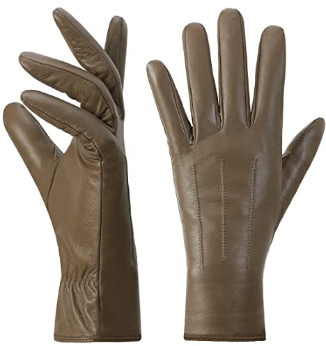 Harssidanzar Damen Lederhandschuhe Winter Warmes Kaschmirfutter Touchscreen Vintage Finished GL017EU, Khaki, Größe M