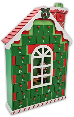 Wichtelstube-Kollektion XL Adventskalender Holz zum befüllen 44cm Hoch, Adventshaus Grün, XXL Schubfächer, Weihnachtsdeko Holz für Kinder Bunt bemallt