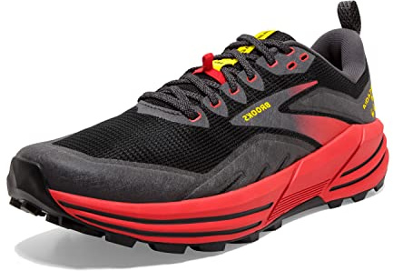Brooks Men's Cascadia 16 Trail Running Shoe, Black/Fiery Red/Blazing Yellow, 8.5 UK