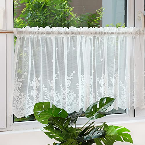 Devola Scheibengardine Spitze Küche Gardine Halbtransparent HxB 120x100cm | Vorhang im Amerikanischen Landhausstil, Bistrogardine Blumenmuster, Dekoration Kurzvorhang für Wohnzimmer Weiß 1er Pack