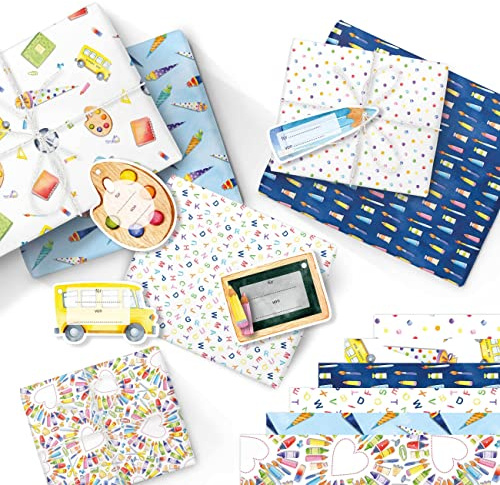Papierdrachen 6 Bögen Geschenkpapier zur Einschulung - 60 x 40 cm bedruckt - 6 verschiedene Designs hochwertig auf 100g/m² Papier - Blau - Geschenkverpackung zum Schulstart - Set 2