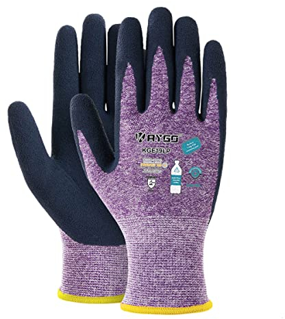 KAYGO 3 Paar Arbeitshandschuhe für Damen Atmungsaktiv Latex Beschichtete Frauen Gartenhandschuhe aus recyceltem Polyester, umweltfreundliche Schutzhandschuhe für Haus- Gartenarbeit (Lila, S, Gr 7)