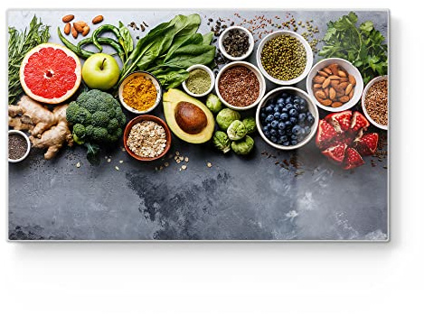 DEQORI Frühstücksbrett Glas | klein 23x14 cm | Motiv Auswahl an Superfood | Design Schneidebrett für Küche | Frühstücksbrettchen antibakteriell & rutschfest | Glasplatte & Servierplatte