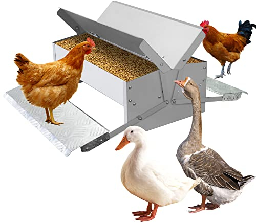 MUALROUS Futterautomat Hühner Rattensicher Hühner Futterspender Automatischer 5kg Trittplatte Hühnerfütterung Trog Rattenschutz Doppelseitige Trittplatte Auto Geflügelfütterer