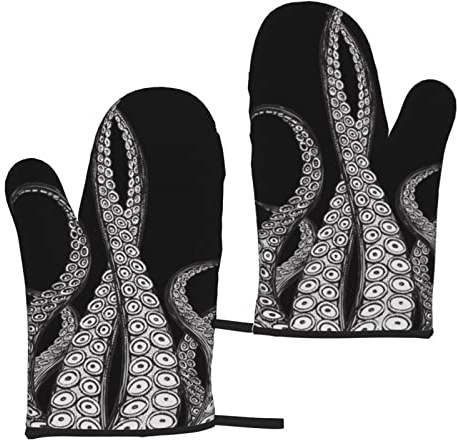 Heat Resistant Oven Gloves Sets Of 2 - Octopus Tentacles Printed Kitchen Non-Slip Microwave Oven Mitts 1 Pair For Baking Cooking Bbq