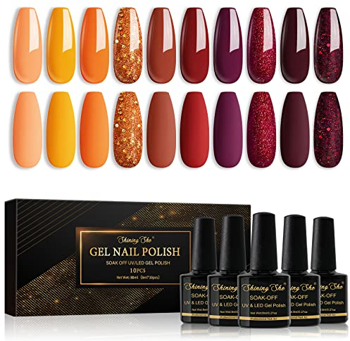 Shining She UV Nagellack,10 Farben Herbst Orange Rot Dunkelrot Glitzer Gel Nagellack Set Soak Off UV Gel Nail Polish für Anfänger DIY Nail,Halloween Set für Mädchen,8ML