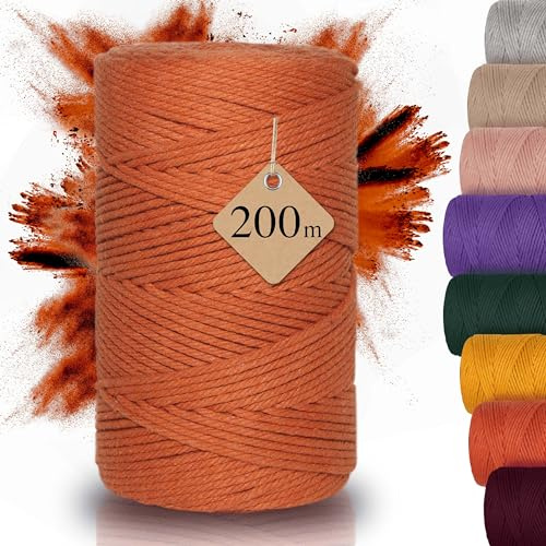 Nachhaltiges Makramee Garn 3mm x 200m – Häkelgarn für Taschen (terrakotta) | DIY Flechtkordel für Untersetzer, kleine Körbe etc, 100% Recycelt & Hochwertig