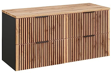 Lomadox Mobile sottolavabo, 120 cm, con piano lavabo, per 2 lavabo, antracite con rovere nero, scanalato, 120,6 x 59,2 x 46,5 cm