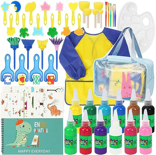 UHAPEER Kit de pintura de dedos lavable, no tóxico, juego de colores para niños con pinceles acrílicos, esponjas, delantal, paleta, bata de pintura y bolsa de viaje, para niños pequeños, guardería,