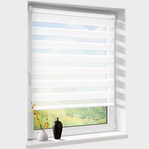 Doppelrollo klemmfix ohne Bohren, Duo Rollos für Fenster & Tür mit Bohren, Version 2026 Weiß B50 x H100cm (Stoffbreite 50 cm), Fensterrollo lichtdurchlässig & verdunkelnd, Klemmrollo Sonnenschutz