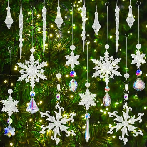 Weihnachtsbaum Schmuck, Acryl Schneeflocken Christbaumschmuck,16 Stück Weihnachtsbaum Kristall Dekorationen, Weihnachtsbaumschmuck Schneeflocken Hängende Ornamente, Tannenbaumschmuck