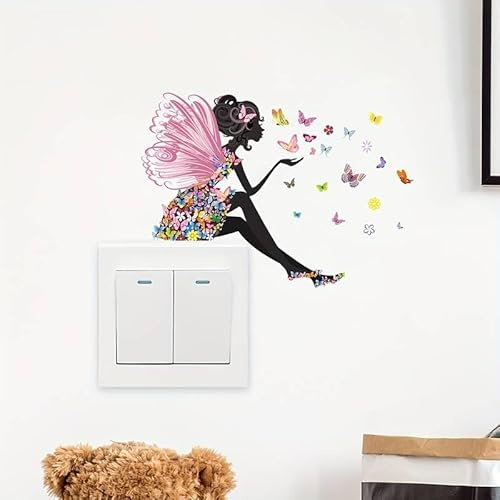 2 calcomanías decorativas de vinilo para pared con diseño de hada y mariposas para niñas y niños sentados en la parte superior (15 x 11)