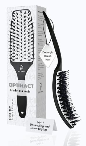 INATEKPRO Boar Bristle Hair Brush Women | Curved-Vented Soft Paddle Brush for Thick Hair | Fine & Curly Hair | Boar Bristle Brush for Smooth & Shiny Hairs | Men, Women & Kids Hairbrush (Medium-White)