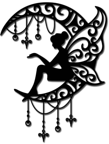 CREATCABIN Fairy Metal Decor Angel Moon Wall Decoration Black Fairy Sculptures Hollow Out Wall Hanging Statue Ornament Wall Art for Housewarming Gifts Outdoor Garden Farmhouse Living Room 12 x 9Inch