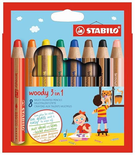 STABILO - Buntstift, Wasserfarbe & Wachsmalkreide - woody 3 in 1 - 8er Pack
