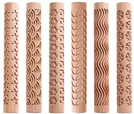 TALOEYH 6 Stile Ton Modelliermuster Roller, Holz Textur Walzen Handgemachte Ton Nudelholz Strukturierte Handroller Keramik Werkzeuge für DIY Handwerk (Typ 1)