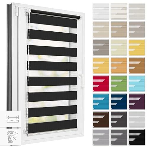 Estika Doppelrollo Klemmfix ohne Bohren, Breite alle 1 cm - 80 cm x 220 cm - Schwarz - Tag und Nacht Duo Rollo, Rollos für Fenster ohne Bohren, Fenster sichtschutz